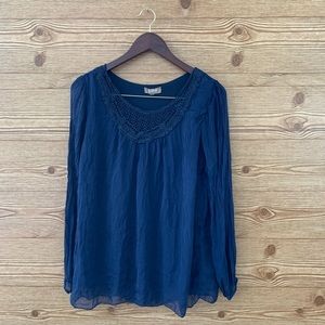 100% SILK MADE IN ITALY LARGE BLUE BLOUSE LACE